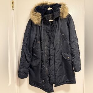 Jcrew Winter Jacket Navy Blue with faux fur hood size small